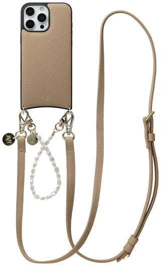 AVY Apple iPhone 16 Pro Beige Leren Hoesje met Koord Leather and Pearls afbeelding 1