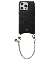 AVY Apple iPhone 16 Pro Max Zwart Leren Hoesje met Koord Silver Spark afbeelding