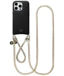 AVY Apple iPhone 16 Pro Max Zwart Leren Hoesje met Koord Aurum Lien Set afbeelding
