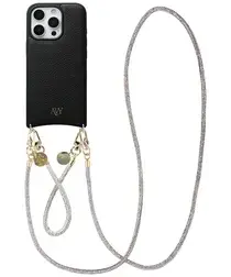 AVY Apple iPhone 16 Pro Max Zwart Leren Hoesje met Koord Silver Spark Set afbeelding