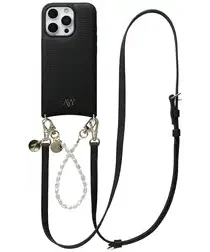 AVY Apple iPhone 16 Pro Max Zwart Leren Hoesje met Koord Leather and Pearls afbeelding
