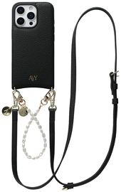 AVY Apple iPhone 16 Pro Max Zwart Leren Hoesje met Koord Leather and Pearls afbeelding