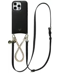 AVY Apple iPhone 16 Pro Max Zwart Leren Hoesje met Koord Leather and Gold afbeelding