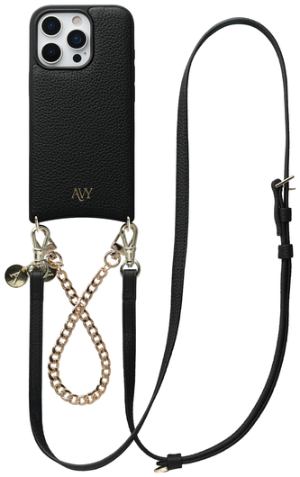 AVY Apple iPhone 16 Pro Max Zwart Leren Hoesje met Koord Leather and Gold afbeelding 1