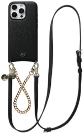AVY Apple iPhone 16 Pro Max Zwart Leren Hoesje met Koord Leather and Gold