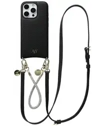 AVY Apple iPhone 16 Pro Max Zwart Leren Hoesje met Koord Leather and Silver afbeelding