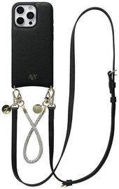 AVY Apple iPhone 16 Pro Max Zwart Leren Hoesje met Koord Leather and Silver