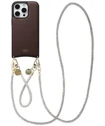 AVY Apple iPhone 16 Pro Max Bruin Leren Hoesje met Koord Silver Spark Set afbeelding