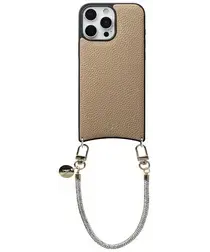 AVY Apple iPhone 16 Pro Max Beige Leren Hoesje met Koord Silver Spark afbeelding