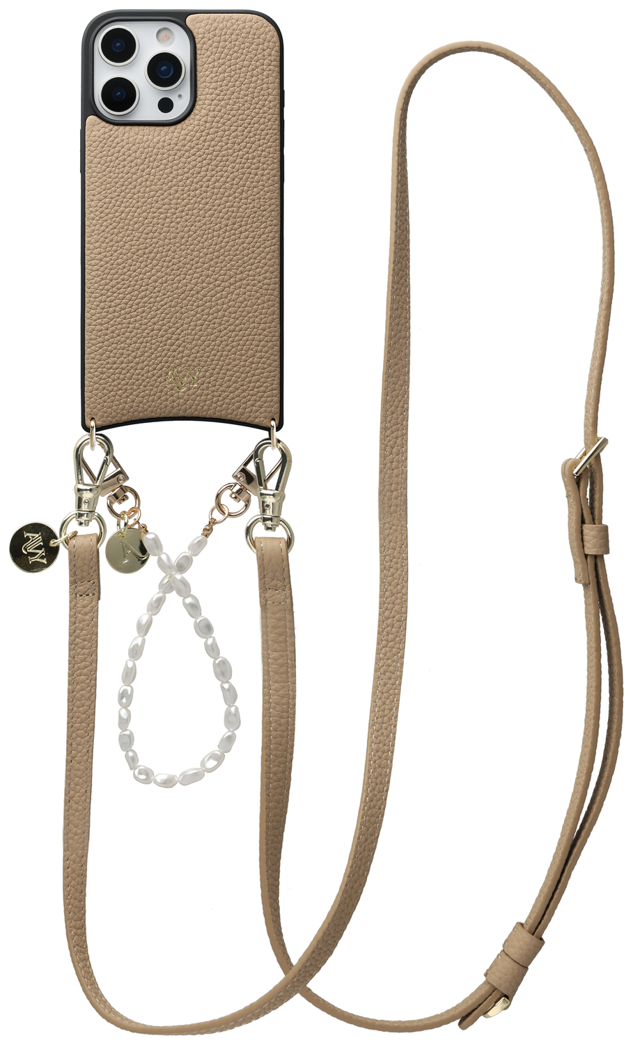 AVY Apple iPhone 16 Pro Max Beige Leren Hoesje met Koord Leather and Pearls afbeelding 1