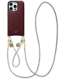 AVY Apple iPhone 16 Pro Max Burgundy Leren Hoesje met Koord Silver Spark Set afbeelding