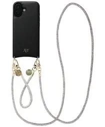 AVY Apple iPhone 17 Zwart Leren Hoesje met Koord Silver Spark Set afbeelding