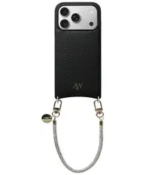 AVY Apple iPhone 17 Pro Zwart Leren Hoesje met Koord Silver Spark afbeelding