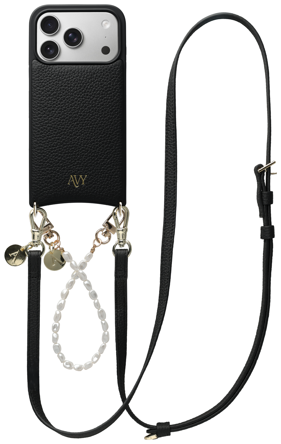 AVY Apple iPhone 17 Pro Zwart Leren Hoesje met Koord Leather and Pearls afbeelding 1