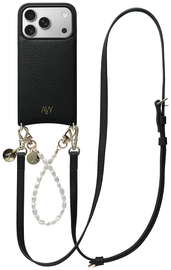AVY Apple iPhone 17 Pro Zwart Leren Hoesje met Koord Leather and Pearls