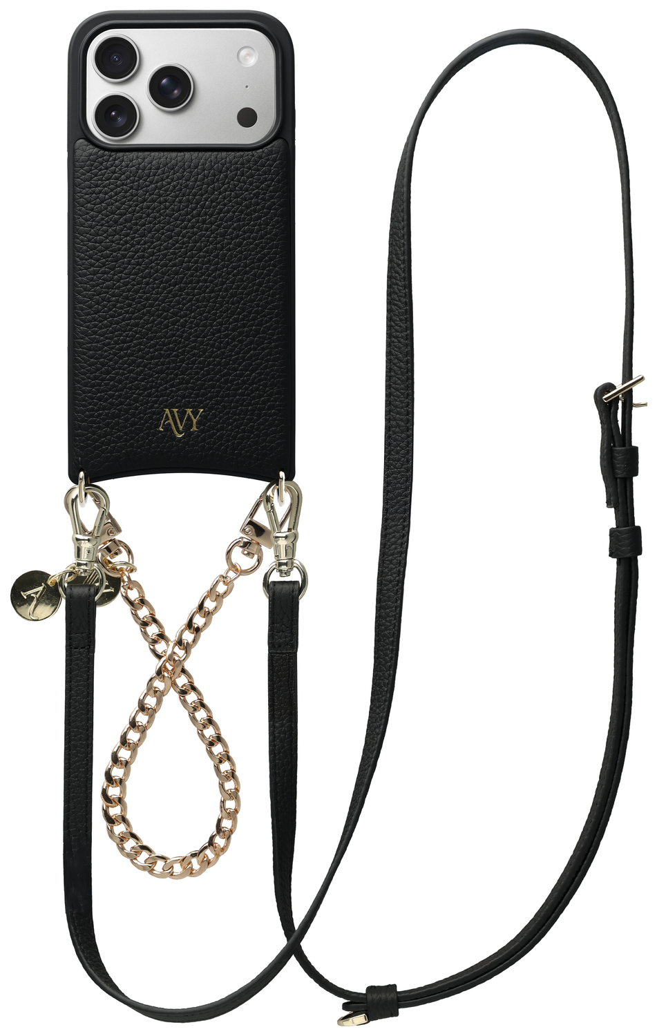 AVY Apple iPhone 17 Pro Zwart Leren Hoesje met Koord Leather and Gold afbeelding 1