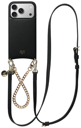 AVY Apple iPhone 17 Pro Zwart Leren Hoesje met Koord Leather and Gold afbeelding 1