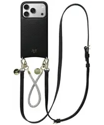 AVY Apple iPhone 17 Pro Zwart Leren Hoesje met Koord Leather and Silver afbeelding