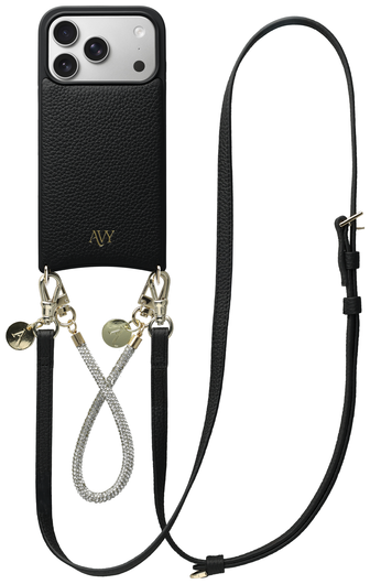 AVY Apple iPhone 17 Pro Zwart Leren Hoesje met Koord Leather and Silver afbeelding 1