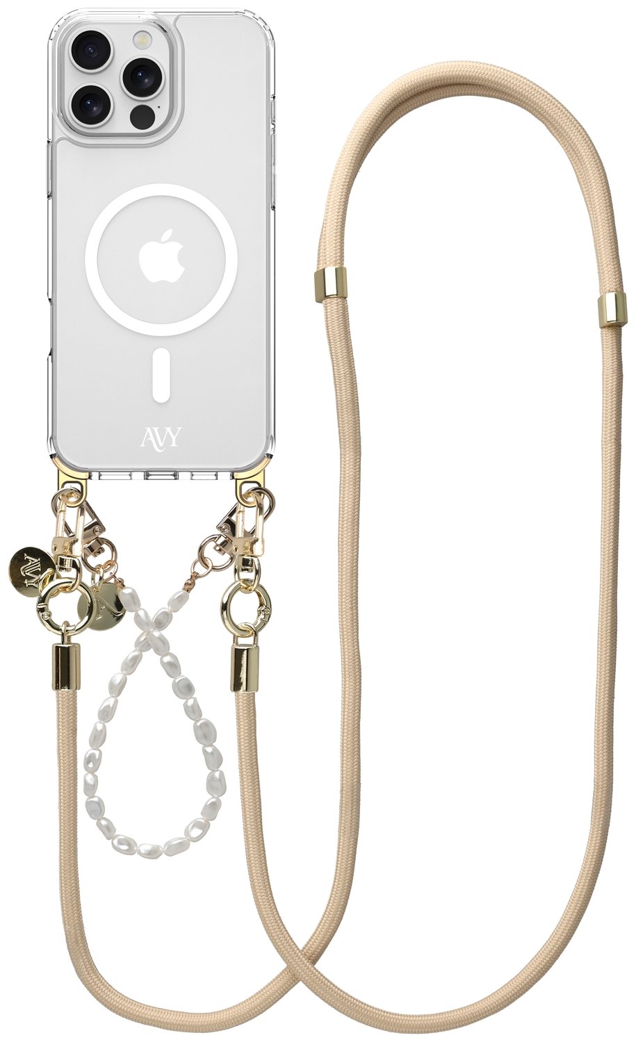 AVY Apple iPhone 15 Pro Max Hoesje met Koord & MagSafe Set Pearl & Rope Beige afbeelding 1
