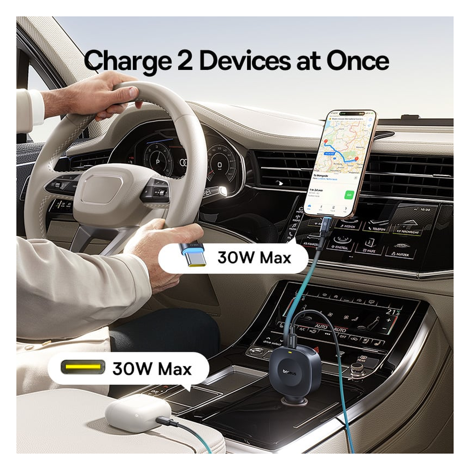 Baseus PrimeTrip VR2 Autolader 60W met Uitrekbare USB-C Kabel Zwart afbeelding 4