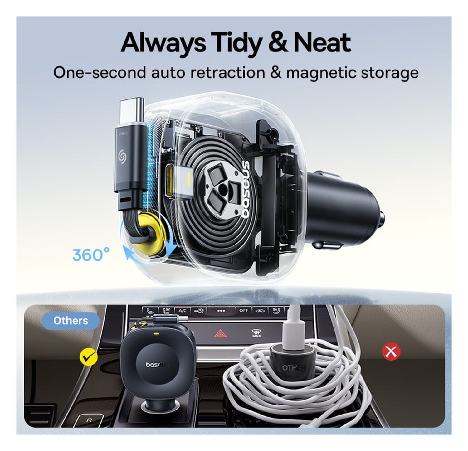 Baseus PrimeTrip VR2 Autolader 60W met Uitrekbare USB-C Kabel Zwart afbeelding 6