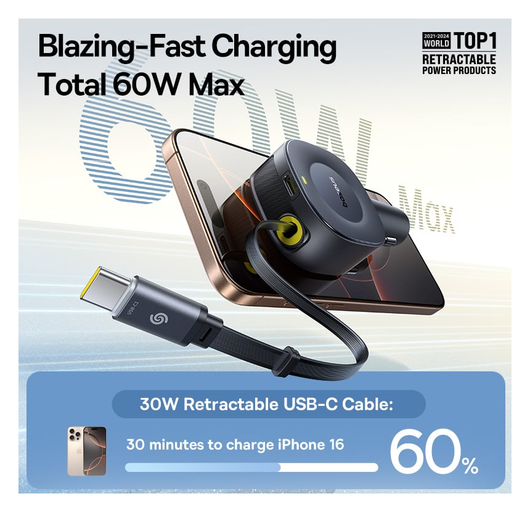 Baseus PrimeTrip VR2 Autolader 60W met Uitrekbare USB-C Kabel Zwart afbeelding 3