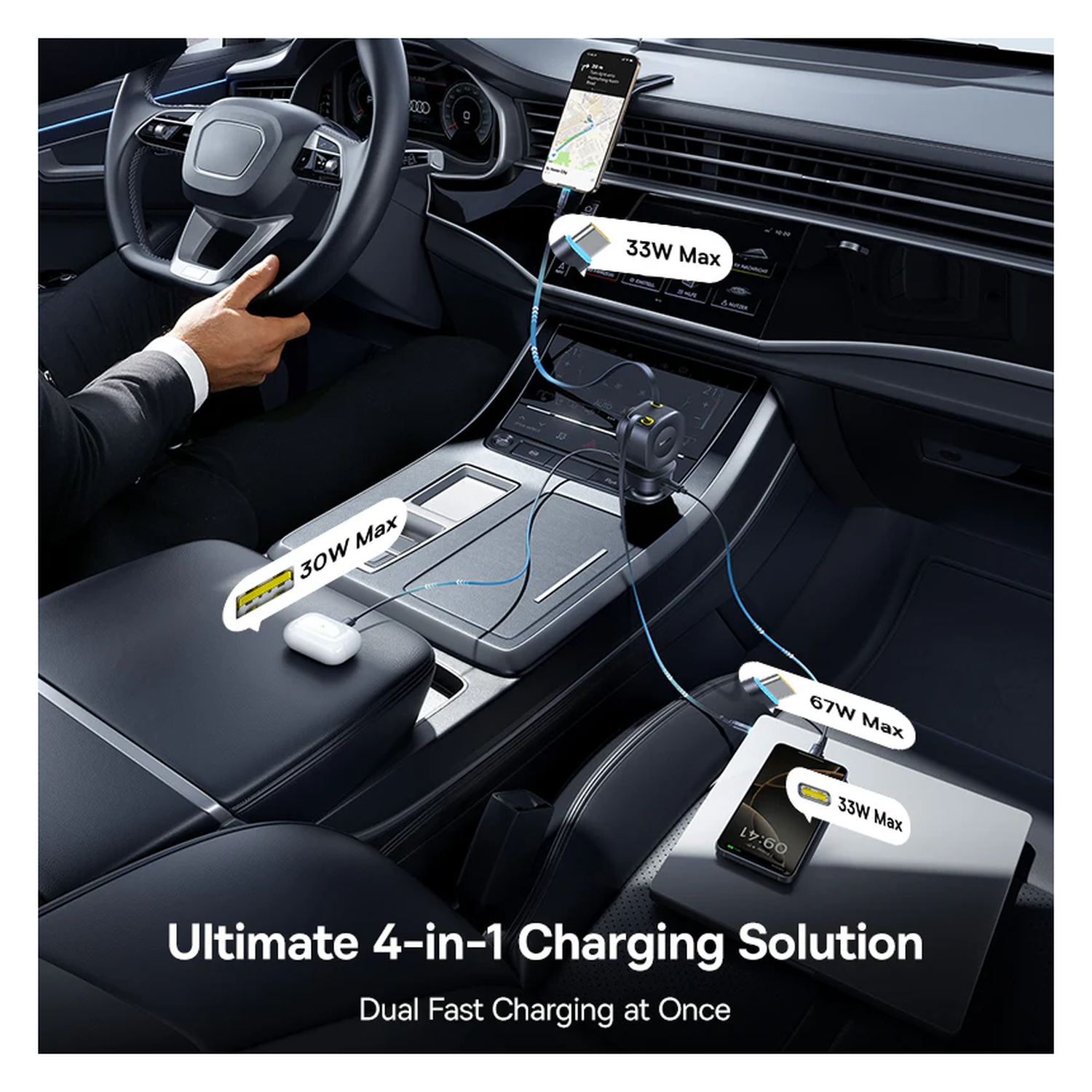 Baseus PrimeTrip VR2 Max Autolader 100W met 2 Uitrekbare USB-C Kabels Zwart afbeelding 3