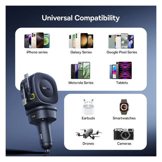 Baseus PrimeTrip VR2 Max Autolader 100W met 2 Uitrekbare USB-C Kabels Zwart afbeelding 8