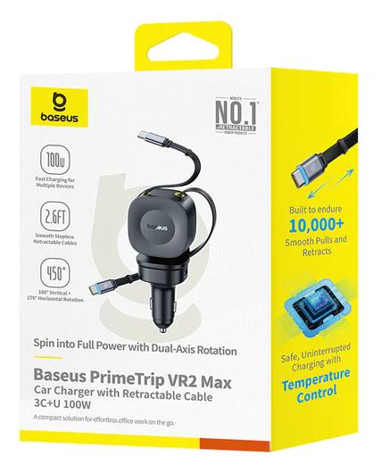 Baseus PrimeTrip VR2 Max Autolader 100W met 2 Uitrekbare USB-C Kabels Zwart afbeelding 9