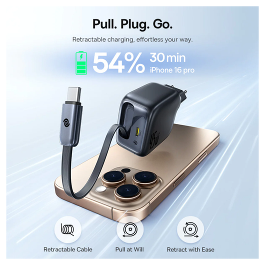 Baseus EnerCore CJ11 45W USB-C Snellader met Ingebouwde USB-C Kabel Zwart afbeelding 3