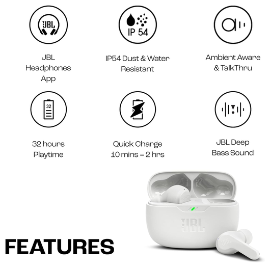 JBL Wave Beam Draadloze Bluetooth In-Ear Oordopjes met JBL Deep Bass Sound Zwart afbeelding 2