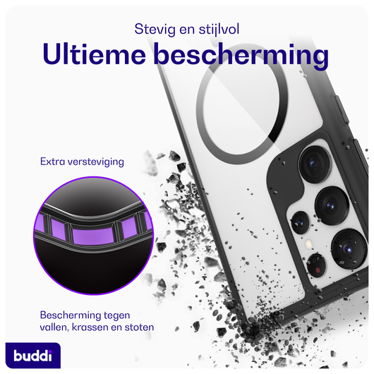 Buddi Hybrid Samsung Galaxy S23 Ultra Hoesje MagSafe Transparant Zwart afbeelding 2