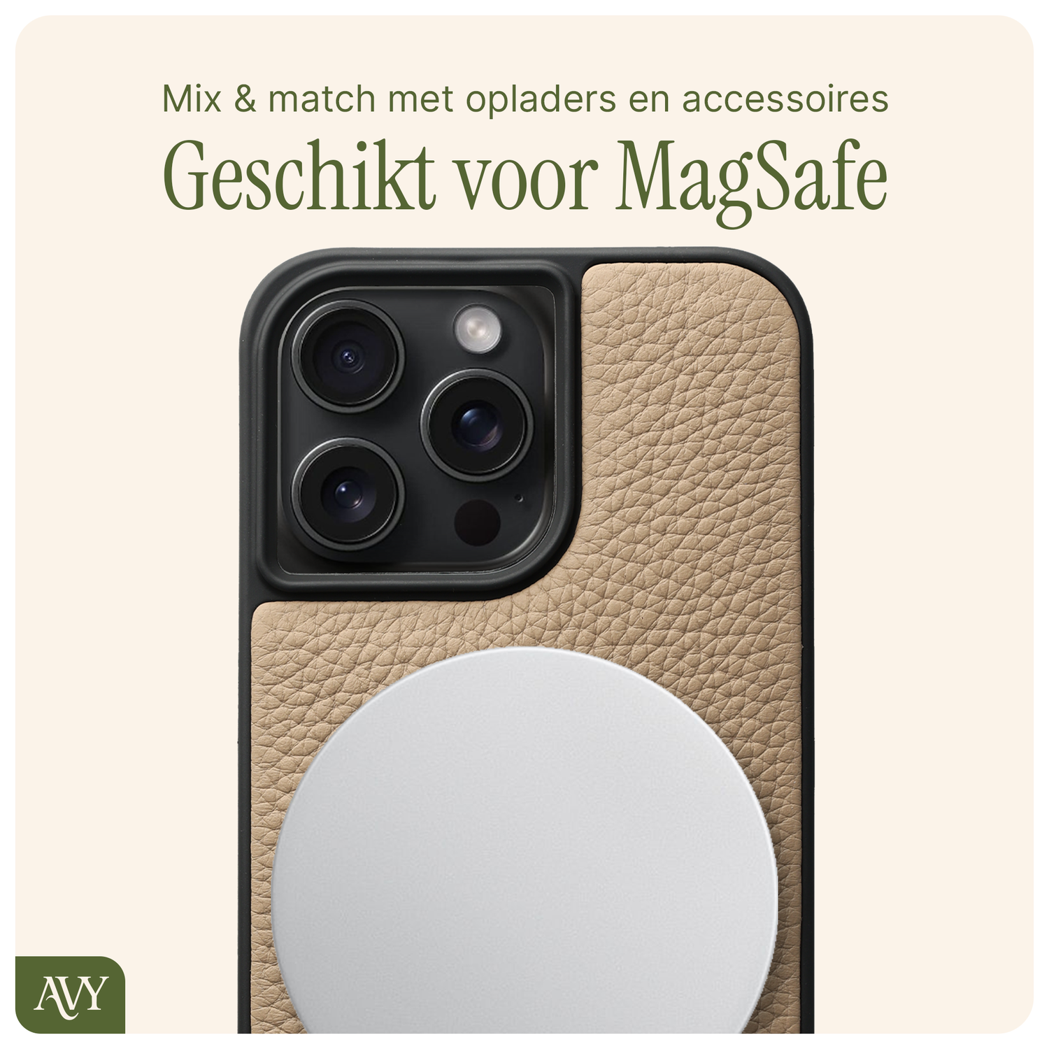 AVY Apple iPhone 15 Pro Max Hoesje met Koord Haakjes MagSafe Leer Beige afbeelding 7
