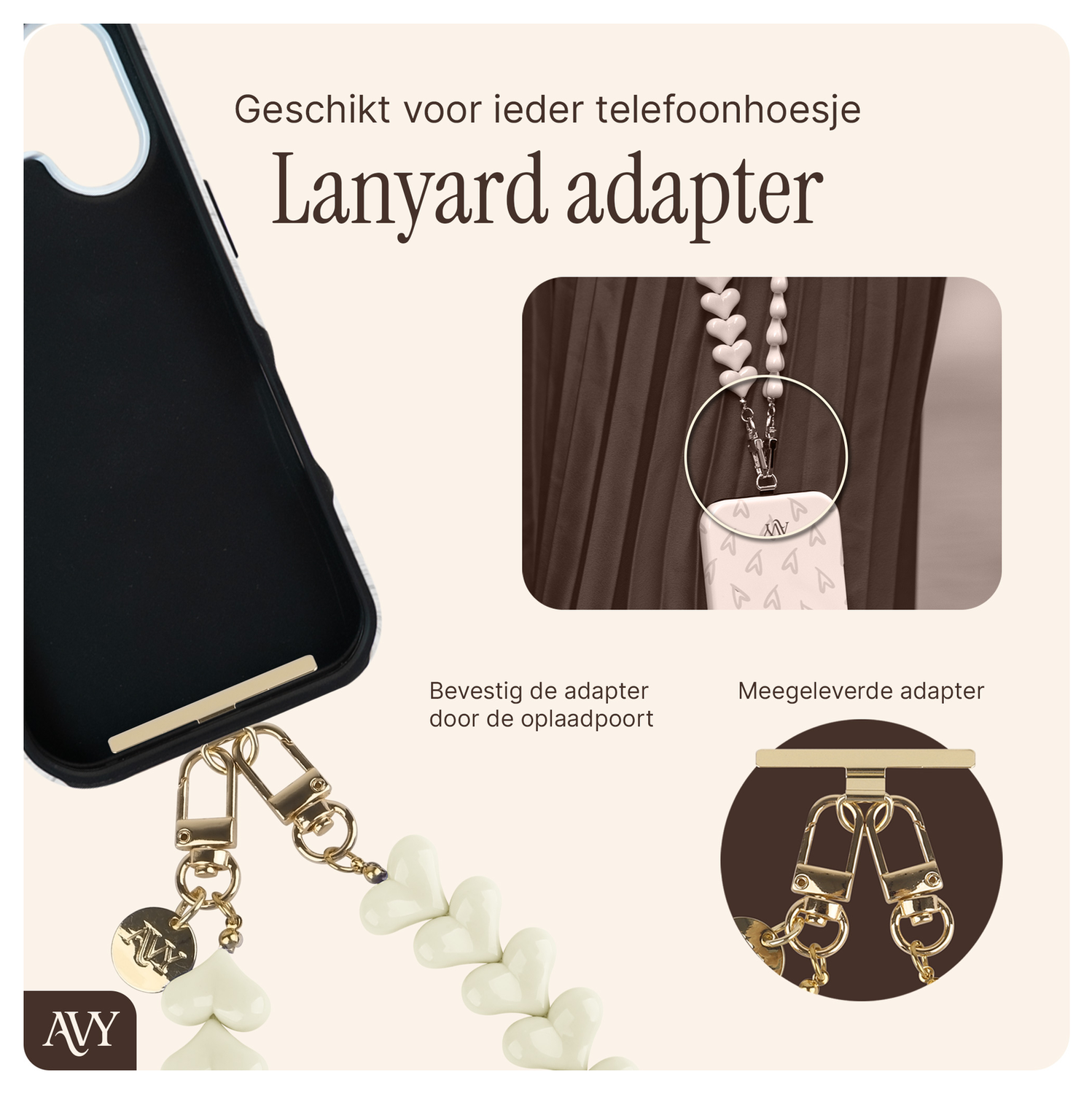 AVY Apple iPhone 16 Pro Bruin Leren Hoesje met Koord Cupid Beige afbeelding 9