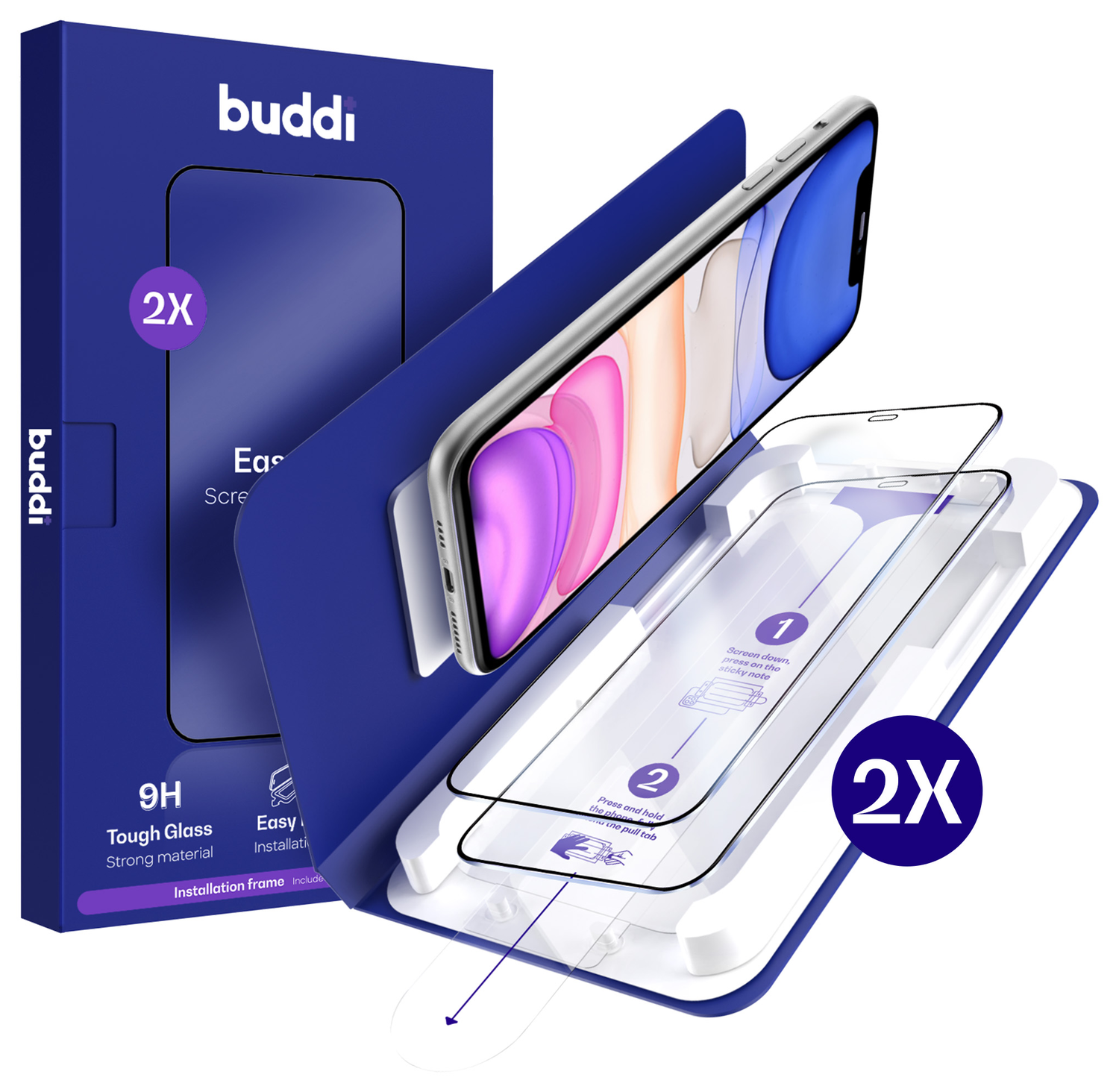 Buddi Easy Fit iPhone XR / 11 Tempered Glass met Installatietray (2-Pack) afbeelding 1