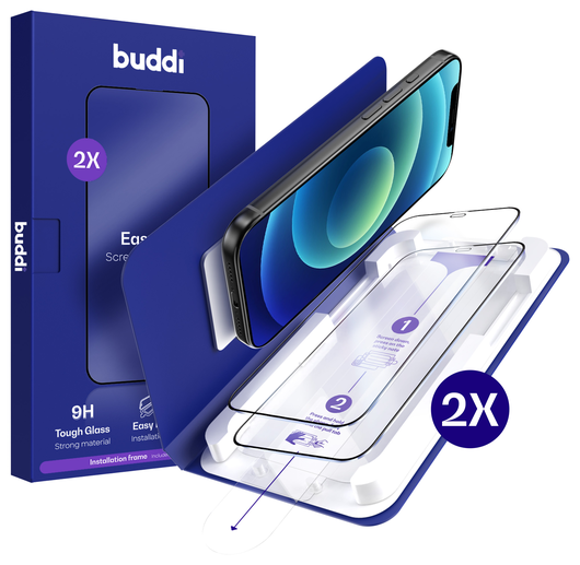 Buddi Easy Fit iPhone 12 / 12 Pro Tempered Glass met Installatietray (2-Pack) afbeelding 1