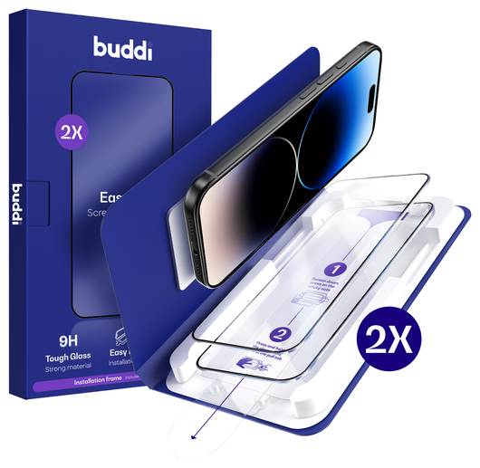 Buddi Easy Fit iPhone 14 Pro Tempered Glass met Installatietray (2-Pack) afbeelding 1