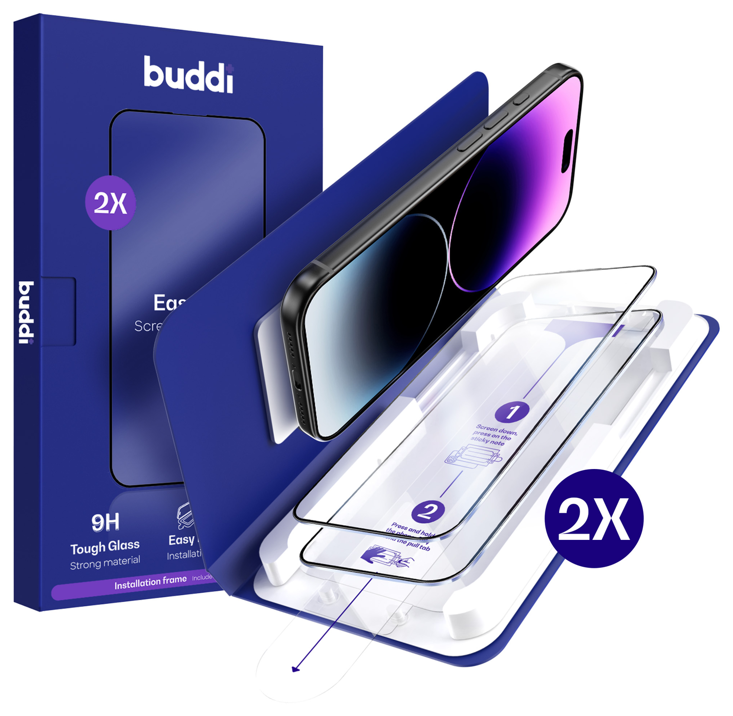 Buddi Easy Fit iPhone 14 Pro Max Tempered Glass met Installatietray (2-Pack) afbeelding 1