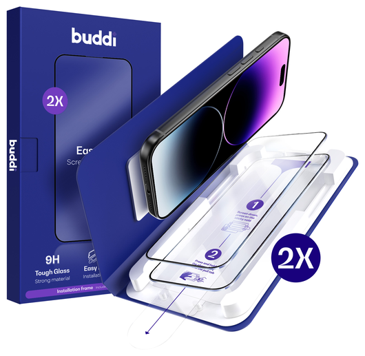 Buddi Easy Fit iPhone 14 Pro Max Tempered Glass met Installatietray (2-Pack) afbeelding 1