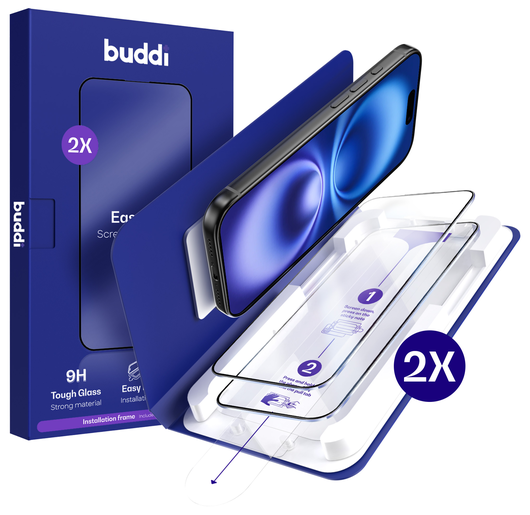 Buddi Easy Fit iPhone 16 / 15 Tempered Glass met Installatietray (2-Pack) afbeelding 1