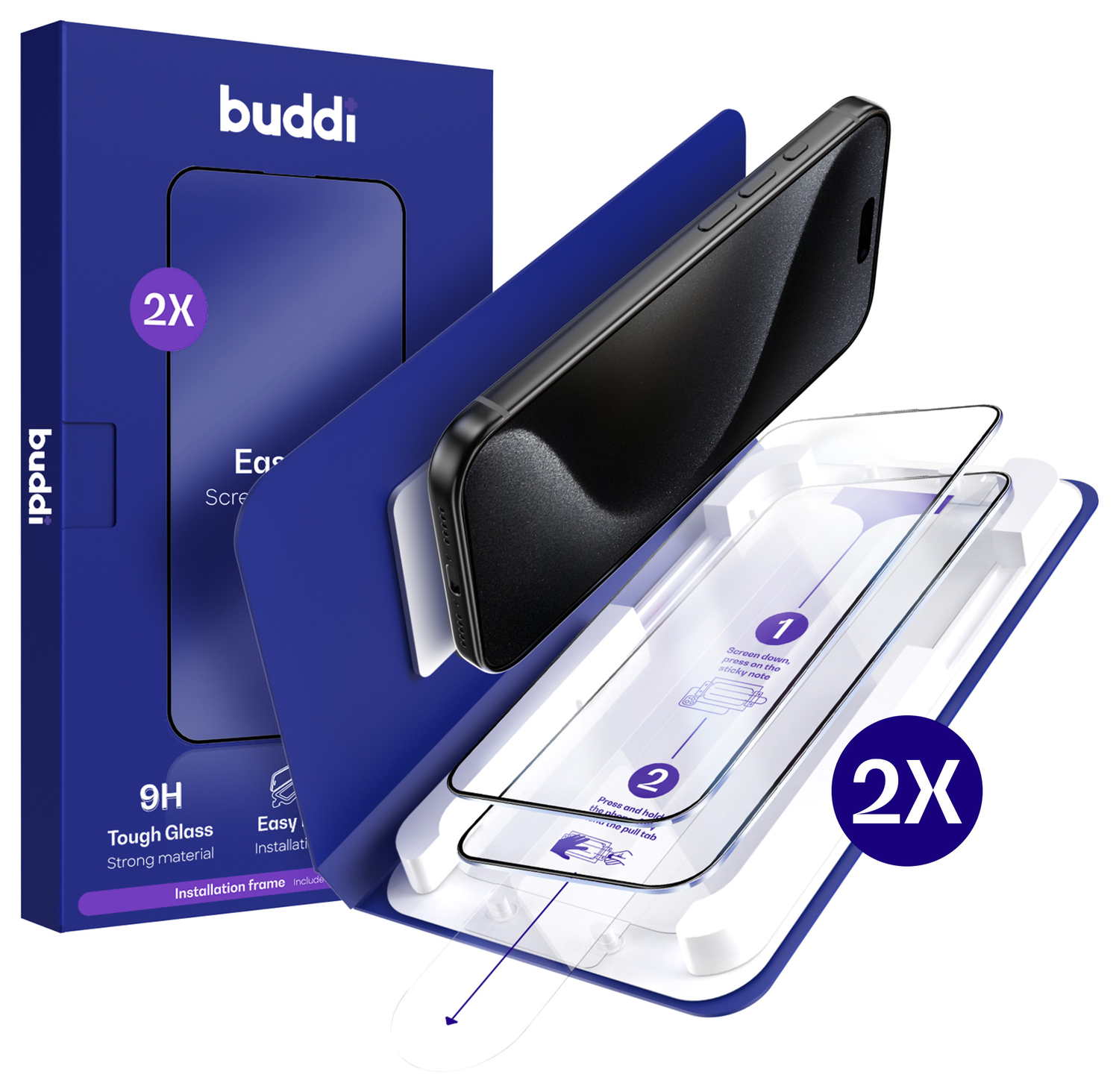 Buddi Easy Fit iPhone 15 Pro Max Tempered Glass met Installatietray (2-Pack) afbeelding 1