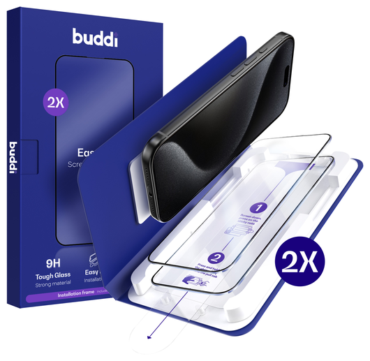 Buddi Easy Fit iPhone 15 Pro Max Tempered Glass met Installatietray (2-Pack) afbeelding 1