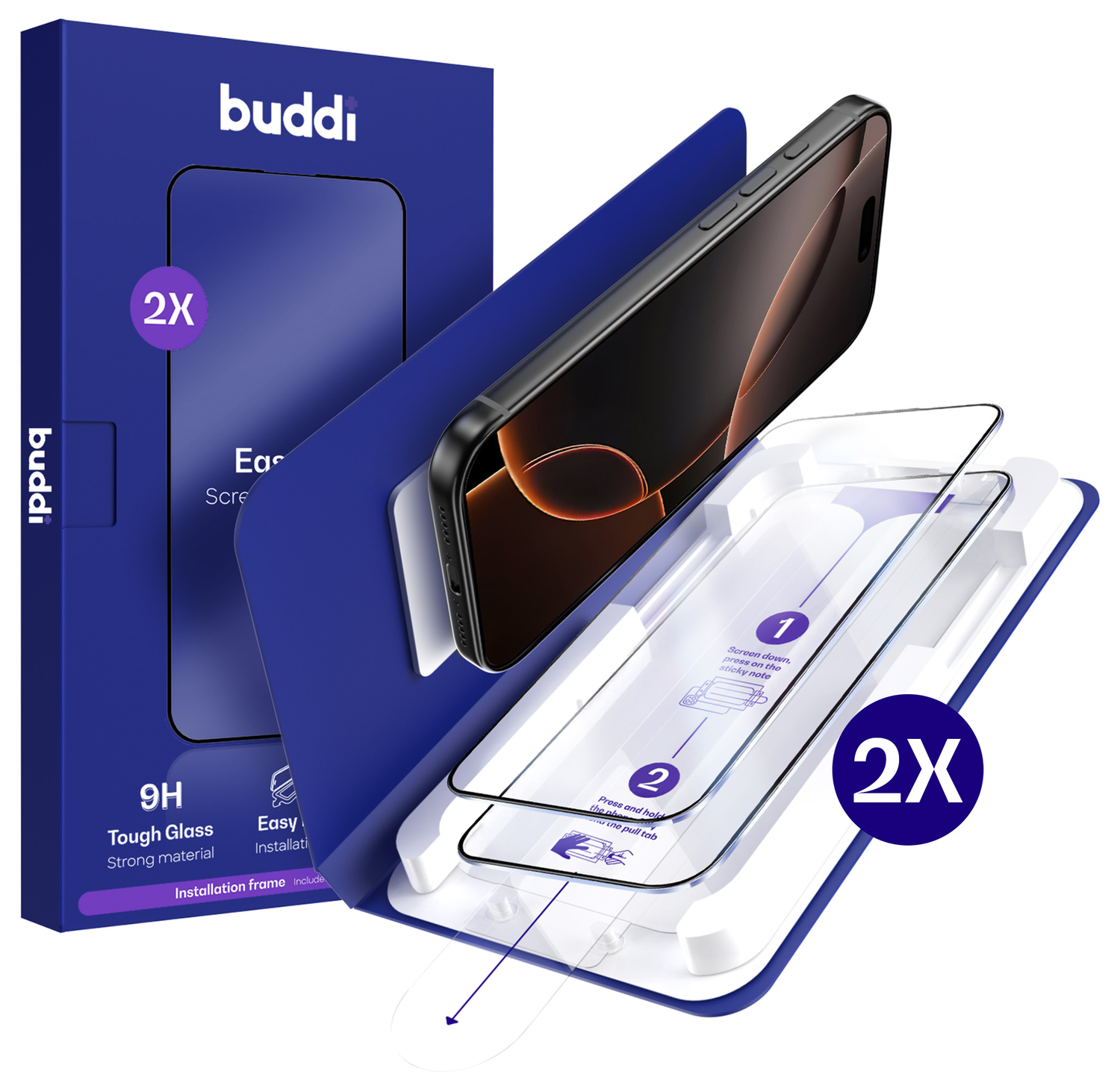Buddi Easy Fit iPhone 16 Pro Max Tempered Glass met Installatietray (2-Pack) afbeelding 1