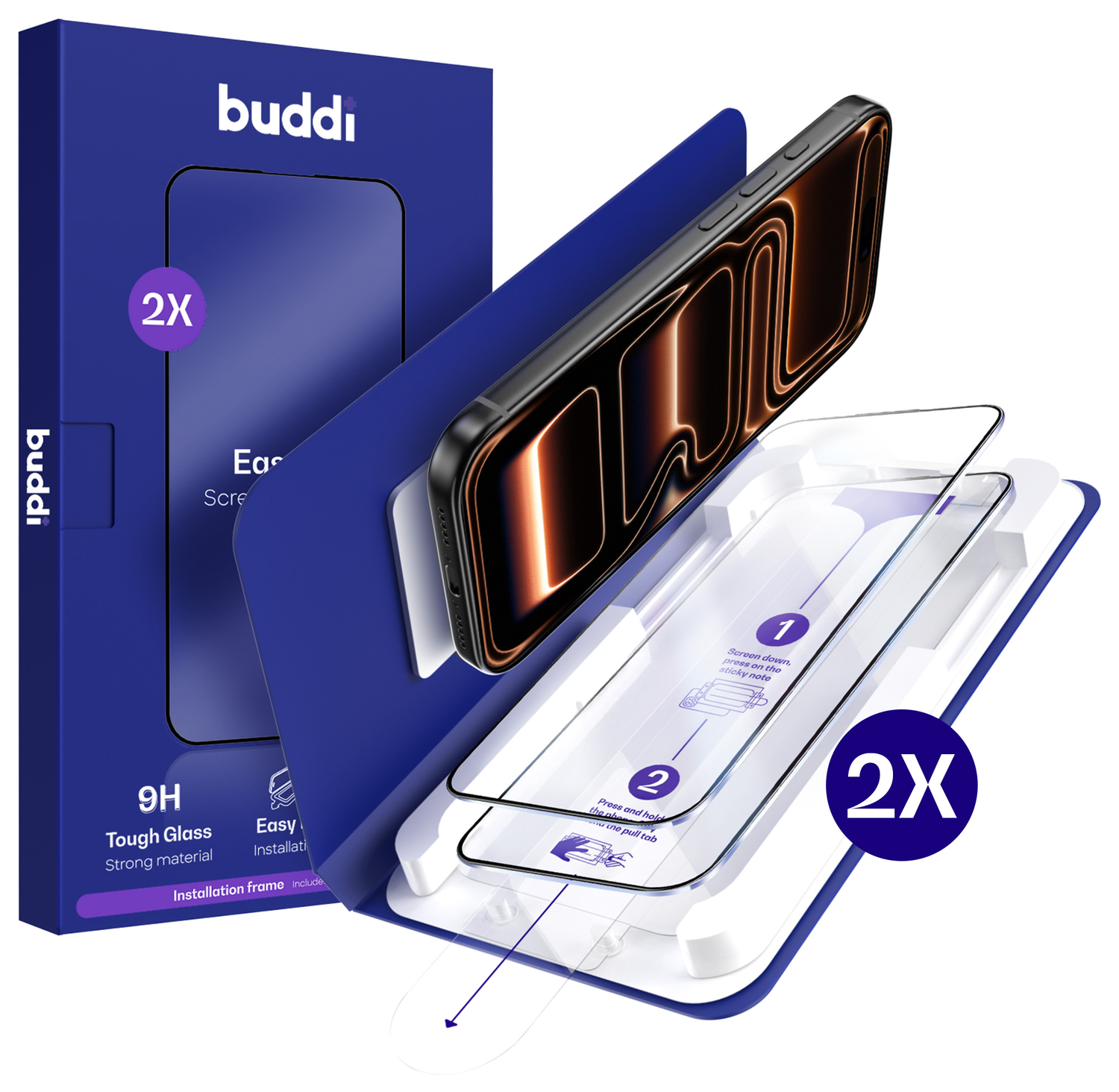 Buddi Easy Fit iPhone 17 Pro Tempered Glass met Installatietray (2-Pack) afbeelding 1