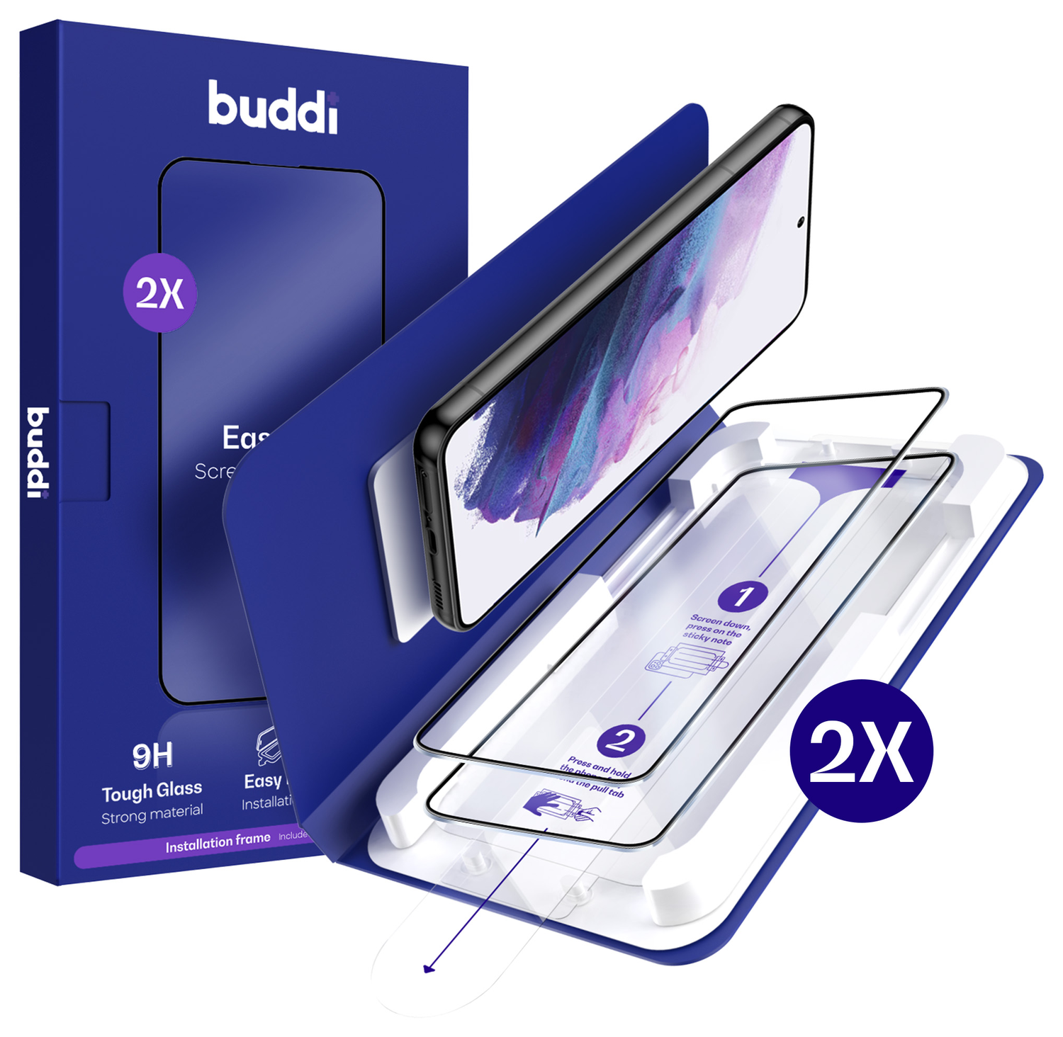 Buddi Easy Fit Samsung Galaxy S21 Tempered Glass met Installatietray (2-Pack) afbeelding 1