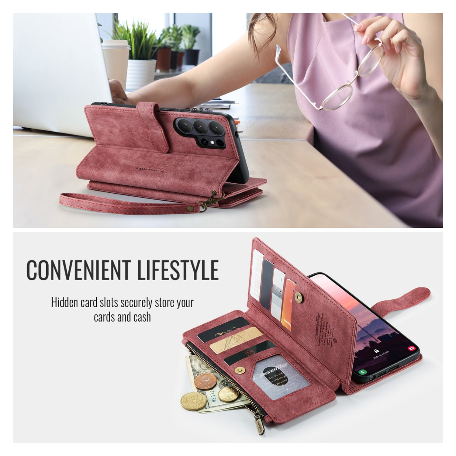 CaseMe C30 Samsung Galaxy S26 Ultra Hoesje Pasjeshouder Book Case Rood afbeelding 6