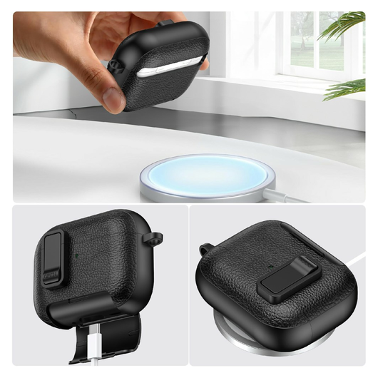 Apple AirPods Pro 3 Hoesje Litchi TPU Schokbestendig Haak Zwart afbeelding 5