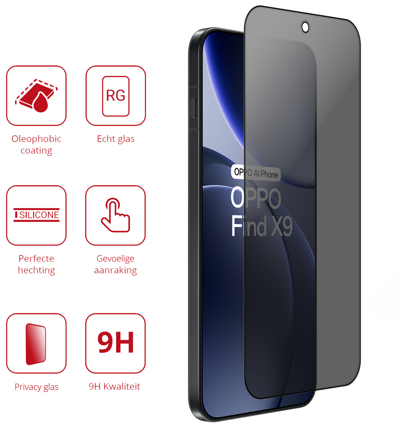 Rosso Oppo Find X9 9H Tempered Glass Screen Protector Privacy afbeelding 2