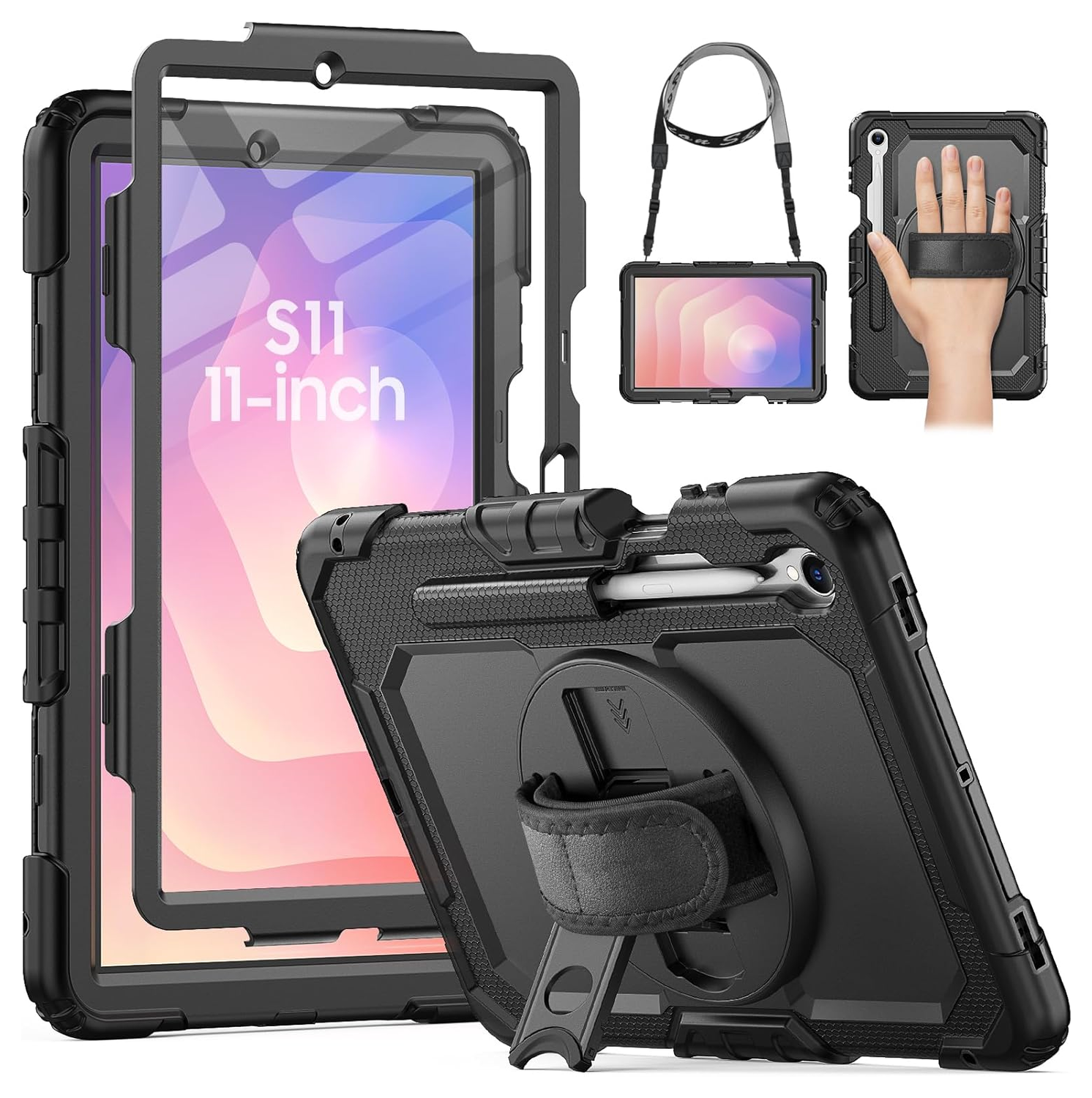 Samsung Galaxy Tab S11 Hoes met Screen Protector en Handriem Zwart afbeelding 2